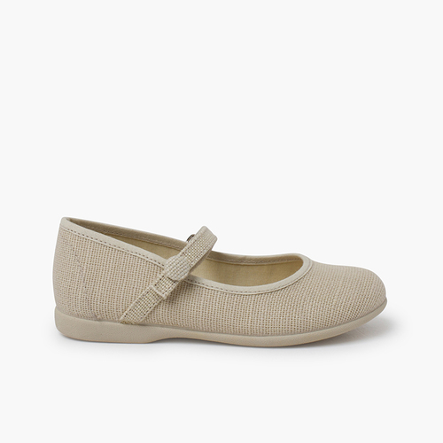 Ballerine in lino con cinturino a strappo e bottone Ecru