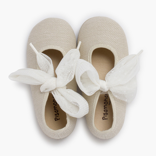 Ballerine lino nastro tulle a pois Ecru