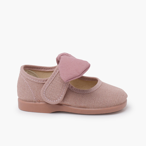Ballerine con cinturino lino fiocco chiusura a strappo Rosa pallido