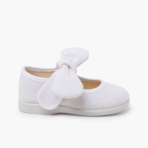 Ballerine con cinturino lino fiocco chiusura a strappo Bianco