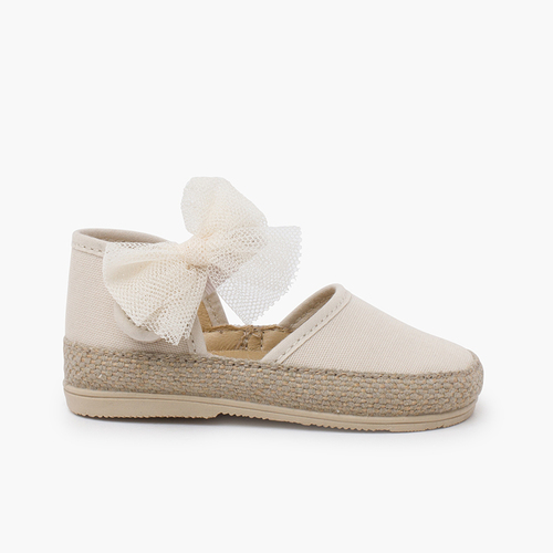 Espadrillas bebè suola sottile fiocco in tulle Ecru