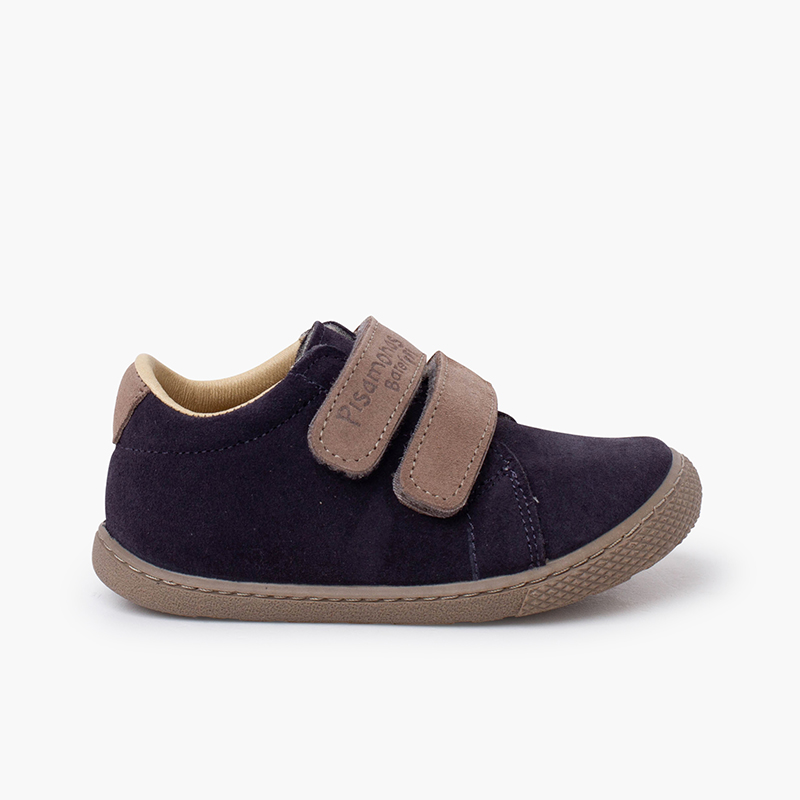 Sneakers barefoot pelle scamosciata chiusura a strappo Blu navy strice grigio