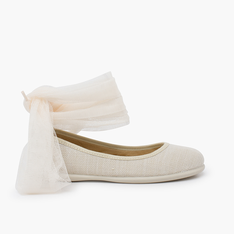 Ballerine con cinturino lino fiocco tulle Ecru