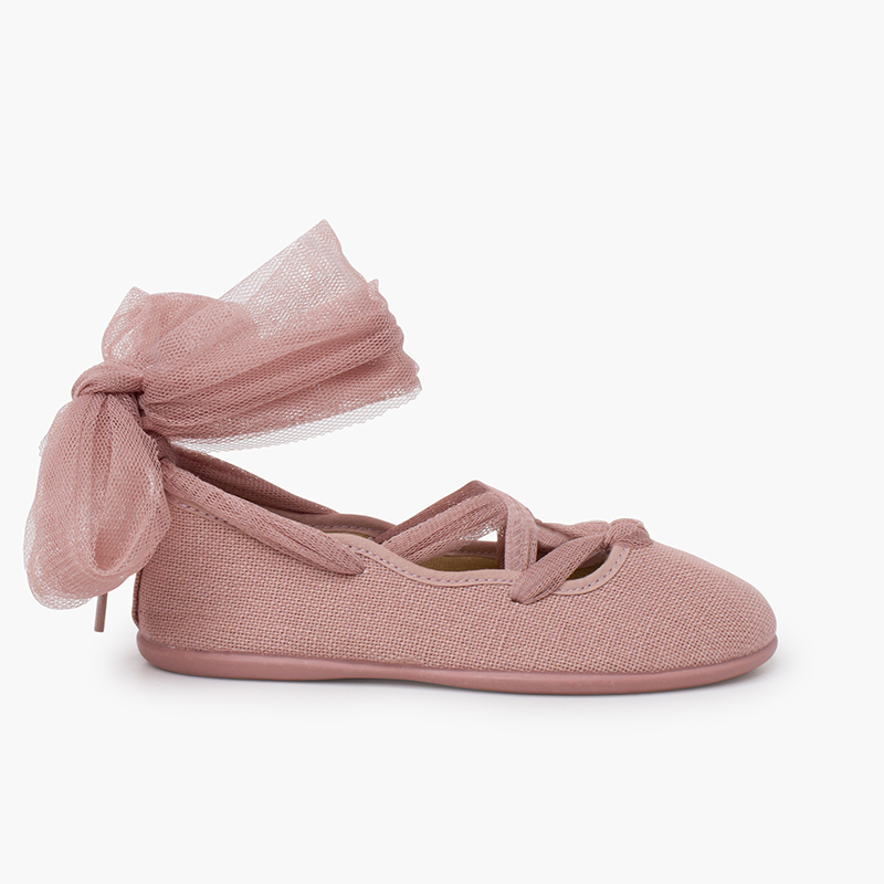 Ballerine in lino lacci incrociati tulle Rosa Antico