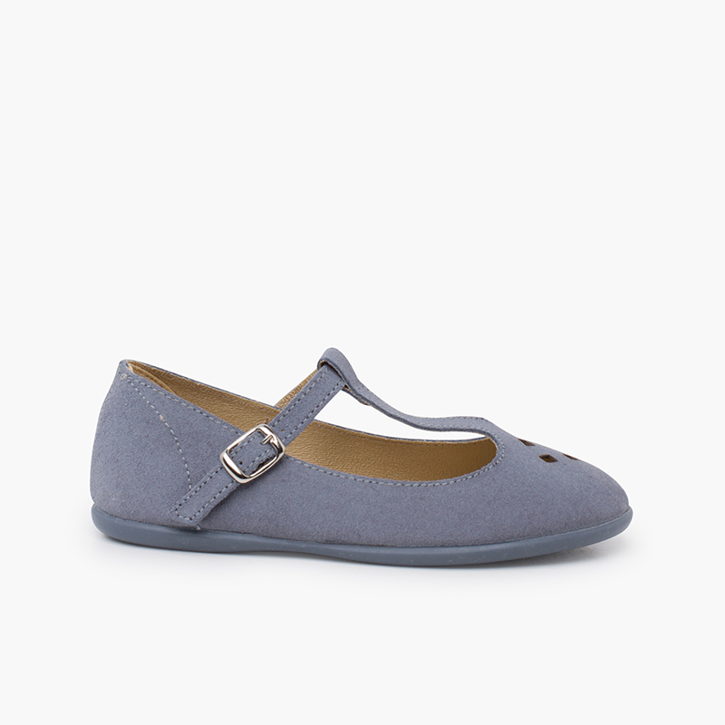 Ballerine camoscio traforato cinturino centrale azzurro chiaro