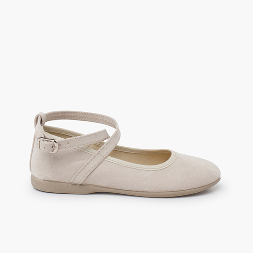 Ballerine effetto scamosciato cinturino incrociato e fibbia Beige