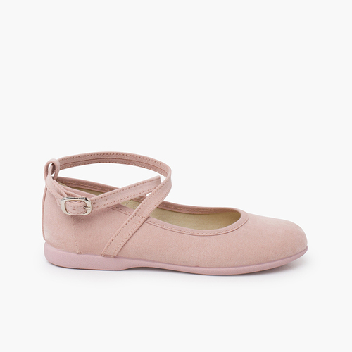 Ballerine effetto scamosciato cinturino incrociato e fibbia Rosa pallido
