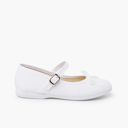 Ballerine con cinturino  fiocco lucido perlato Bianco