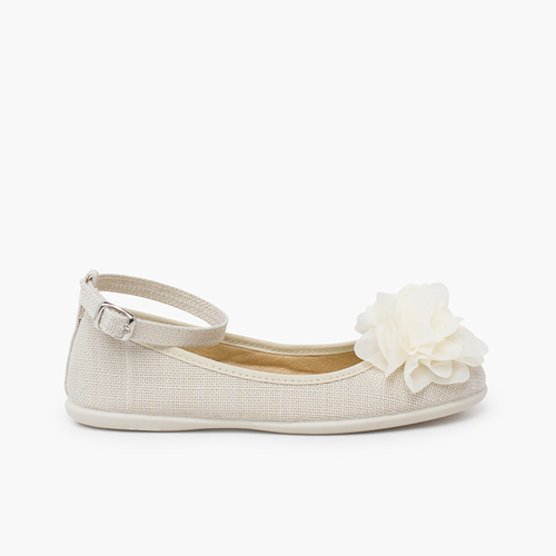 Ballerine in lino cinturino caviglia fiori garza Ecru