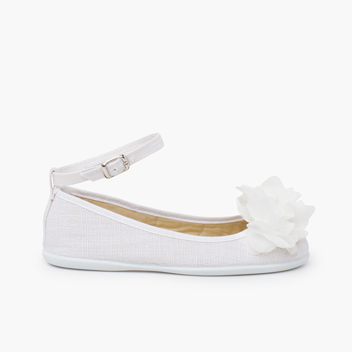 Ballerine in lino cinturino caviglia fiori garza Bianco