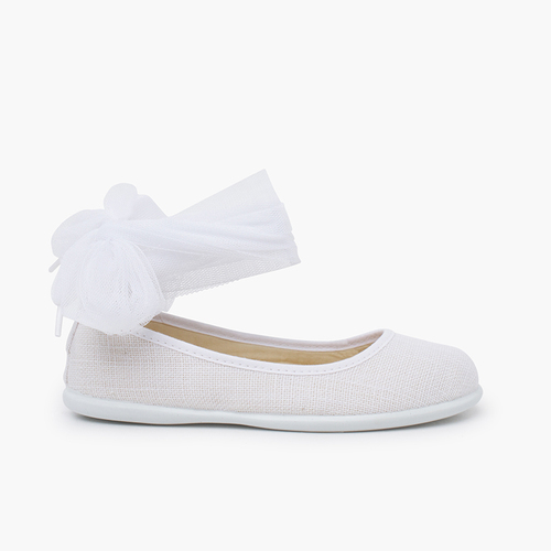 Ballerine con cinturino lino fiocco tulle Bianco
