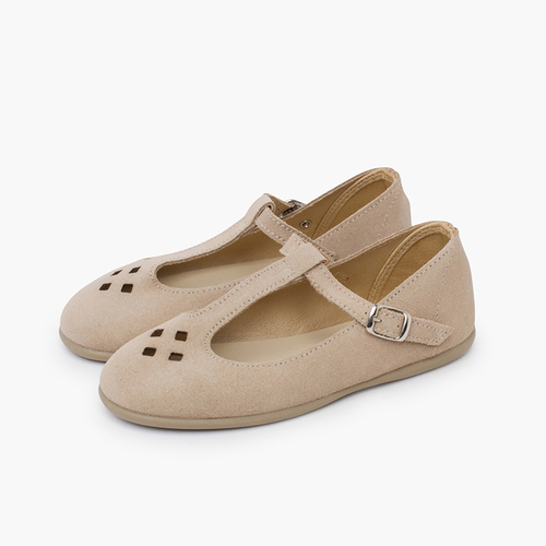 Ballerine camoscio traforato cinturino centrale Beige