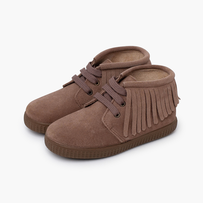 Stivaletti bambino pelle scamosciata frange punta tonda Taupe