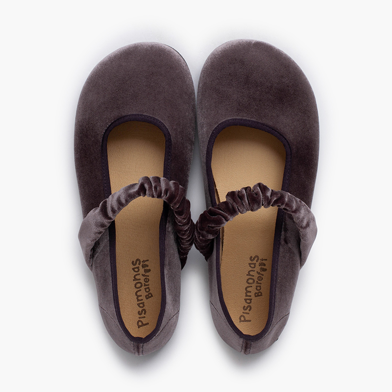 Ballerine barefoot velluto con cinturino arricciato Grigio