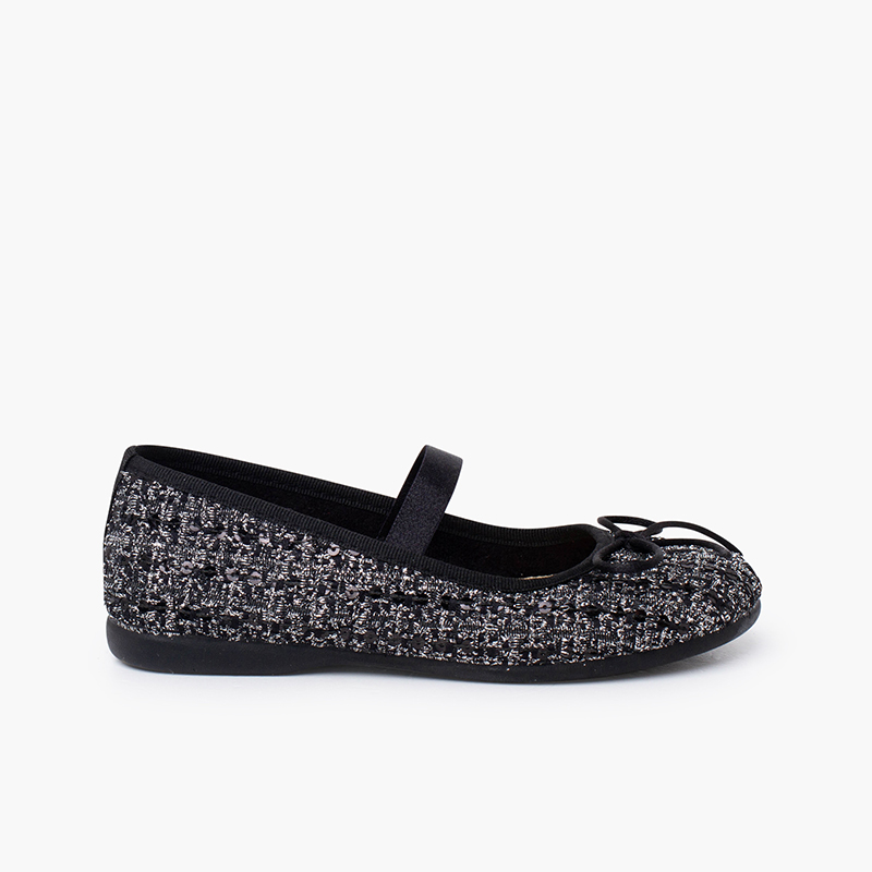 Ballerine con cinturino elastico tweed brillantezza Nero