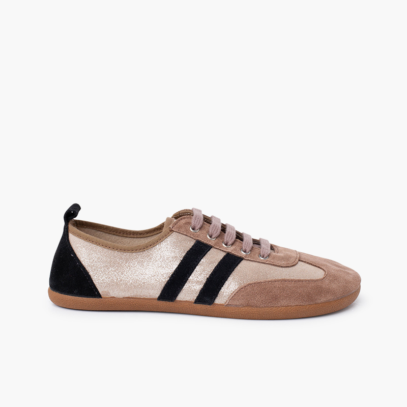 Scarpe sportive combinate barefoot lucido e righe Taupe