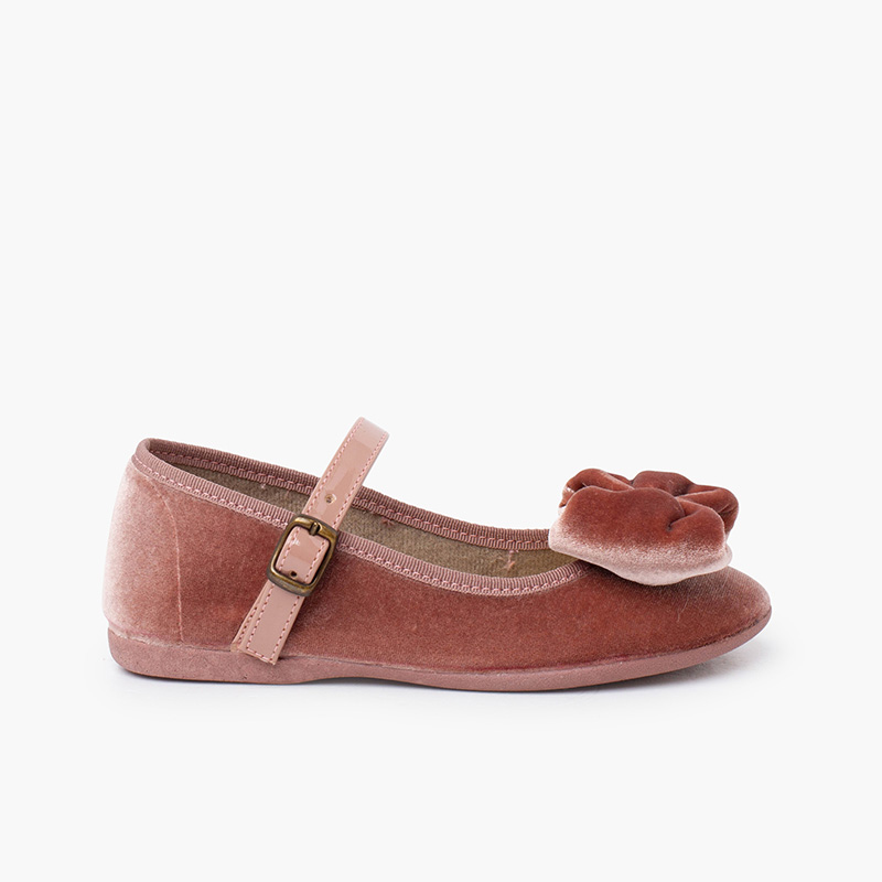 Ballerine velluto fiocco grande cinturino vernice Rosa Pastello