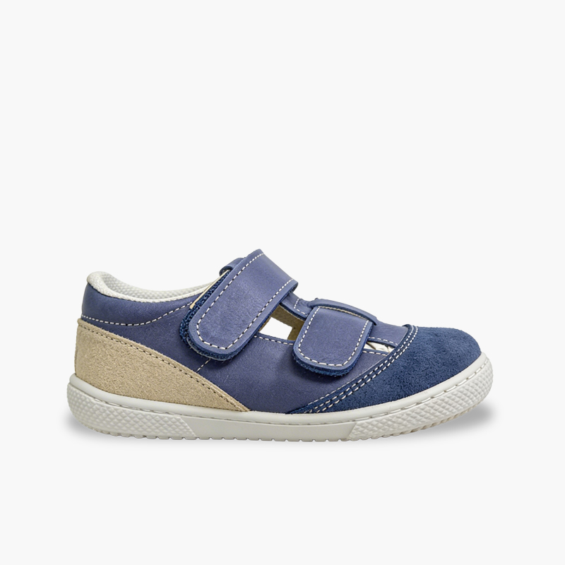 Sandali barefoot pelle bambini doppia chiusura Blu