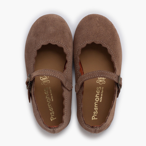 Ballerine con cinturino pelle scamosciata onde e fibbia Taupe