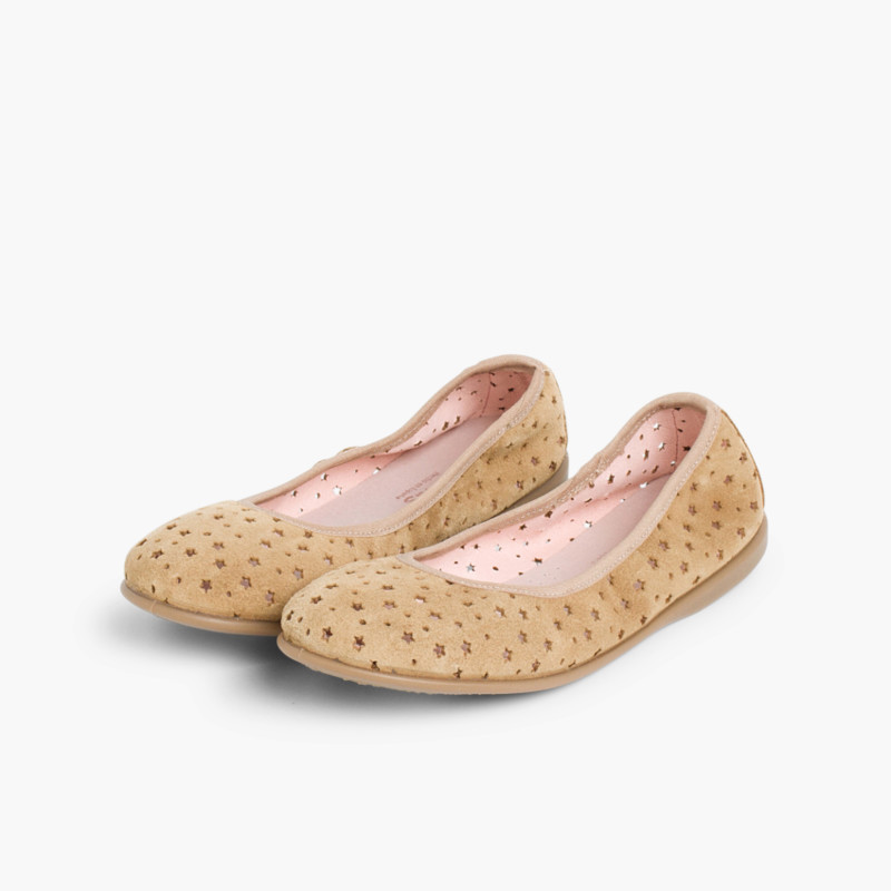 Ballerine Scamosciate Elastico Impuntura Stelle Beige