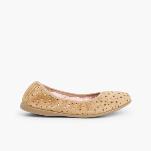 Ballerine Scamosciate Elastico Impuntura Stelle Beige