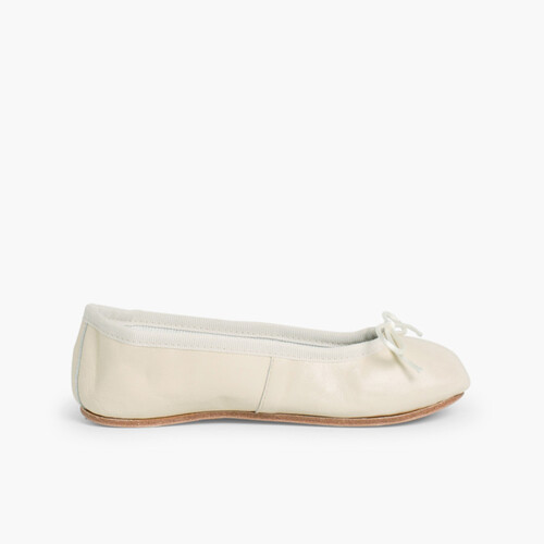 Ballerine bimba e donna in pelle e suola di cuoio Ecru