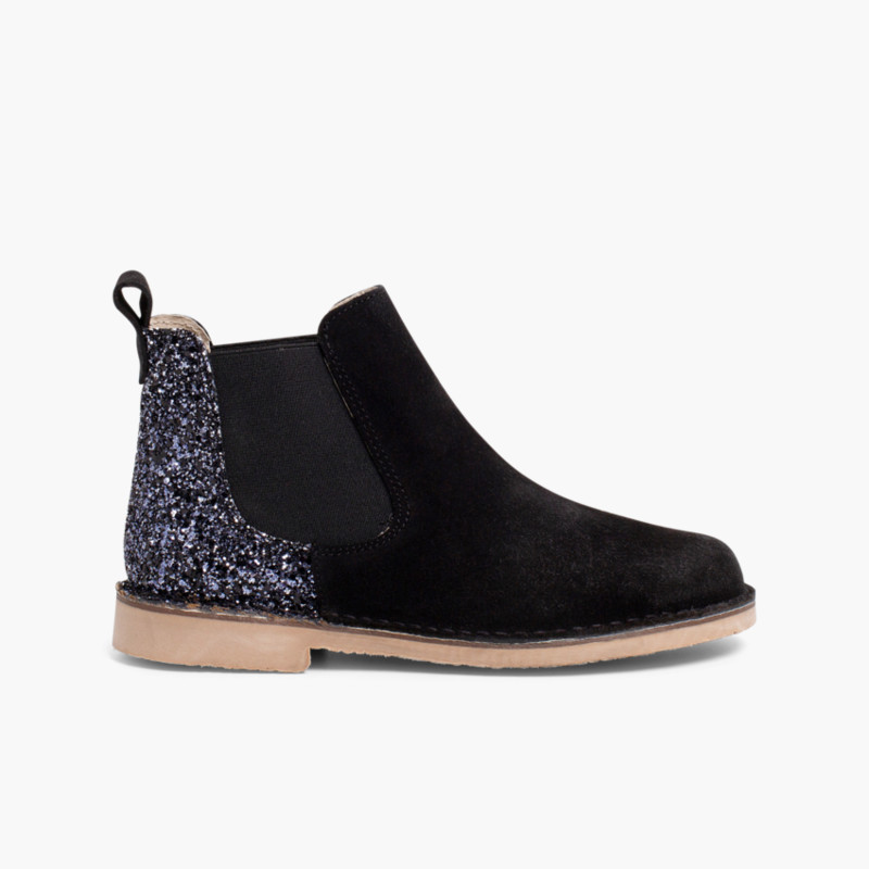 Stivaletti bambina scamosciati con tallone glitter Nero