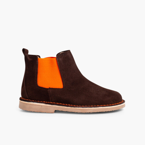 Stivaletti scamosciati Chelsea bambini e donna con elastico colorato Marrone e arancione