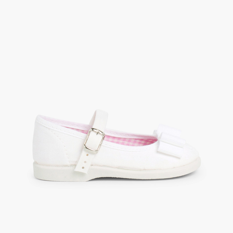 Scarpe con Cinturino Tela Fiocco Bianco