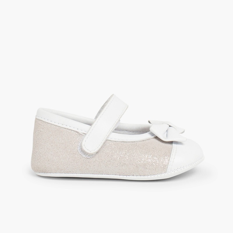 Scarpine con cinturino Neonati Nappa e Camoscio Brillanti con chiusura a strappo Argento