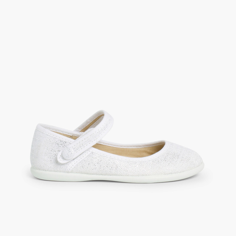 Scarpe con cinturino chiusura a strappo in lino metallizzato Bianco