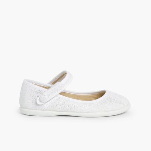 Scarpe con cinturino chiusura a strappo in lino metallizzato Bianco