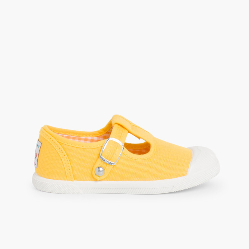 Sneakers Tela Bambini Punta Gomma Tipo T-bar Giallo