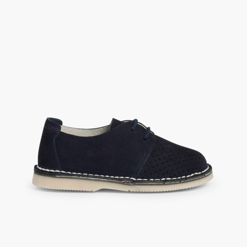 Scarpe Scamosciate Blucher con Impuntura a Buchi  Blu
