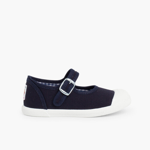 Sneakers Tela Bambina con Fibbia e Punta di Gomma Blu