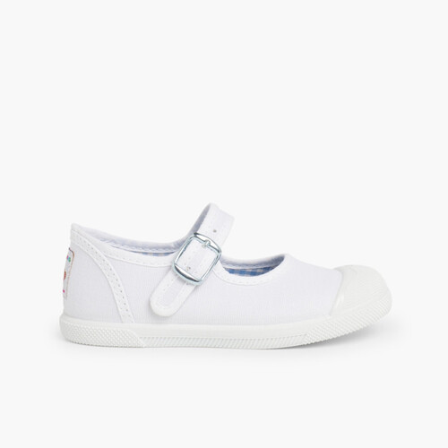 Sneakers Tela Bambina con Fibbia e Punta di Gomma Bianco
