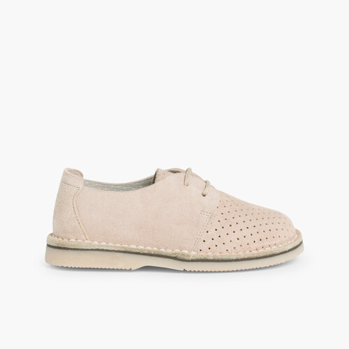 Scarpe Scamosciate Blucher con Impuntura a Buchi  Beige