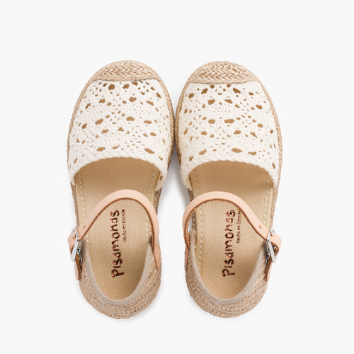 Sandali espadrillas per bambina in macramè con fibbia Ecru