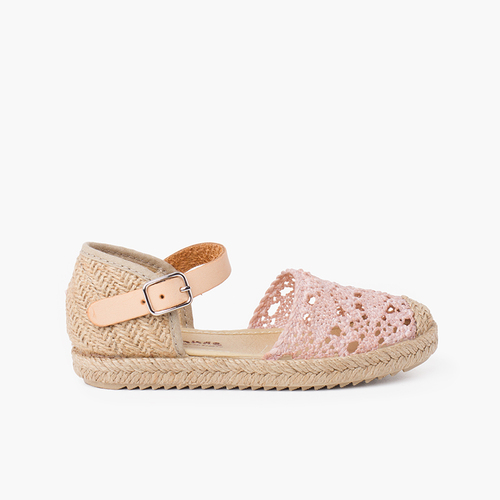 Sandali espadrillas per bambina in macramè con fibbia Rosa