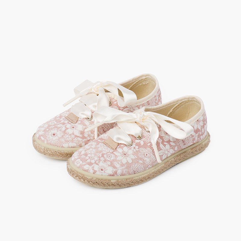 Blucher con Fiori e Iuta Lacci in Raso Rosa Pastello