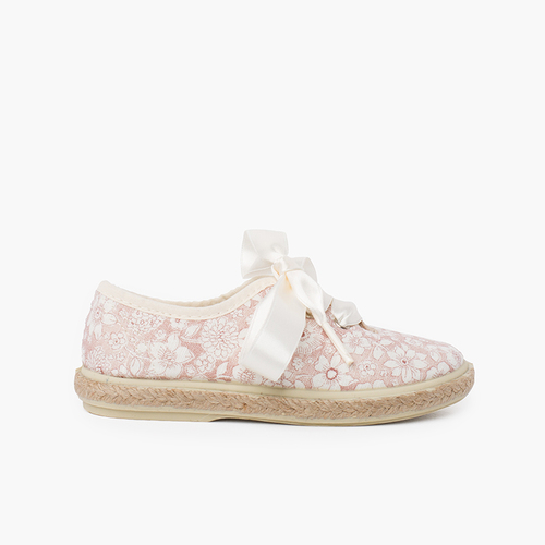 Blucher con Fiori e Iuta Lacci in Raso Rosa Pastello