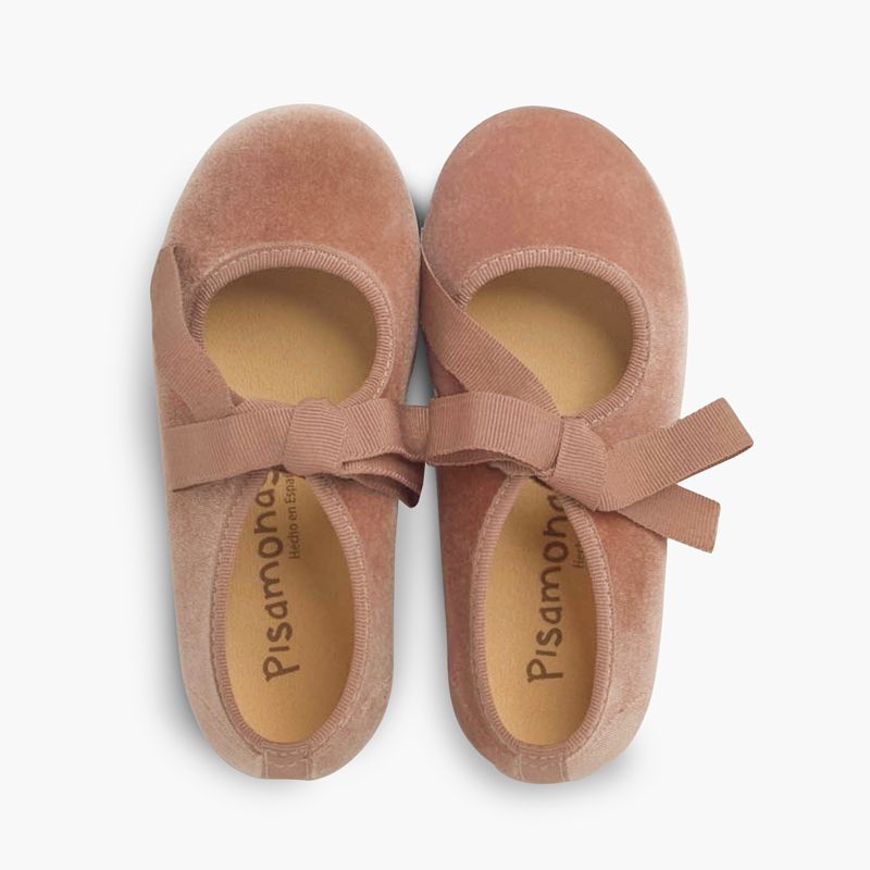 Scarpe cinturino in velluto con fiocco di faglia per bambine 