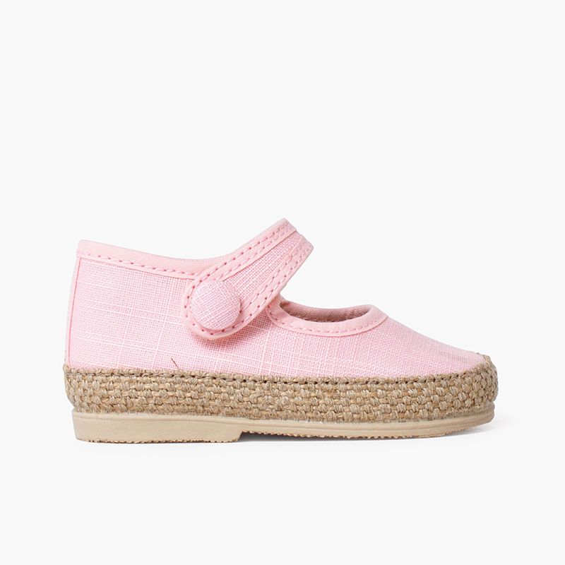 Scarpe con cinturino in lino e iuta per bambina con dettaglio di bottone