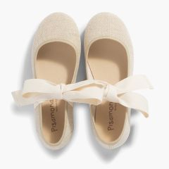 Scarpe con Cinturino Lino con Fiocco Ecru Lino