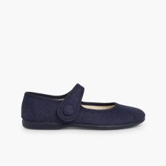 Scarpe con cinturino bambina lino chiusura a strappo bottone Blu