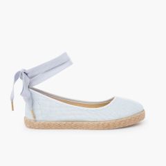 Ballerine bambina di lino con nastri e iuta  Azzurro cielo
