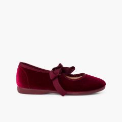 Scarpe cinturino in velluto con fiocco di faglia per bambine  Bordeaux