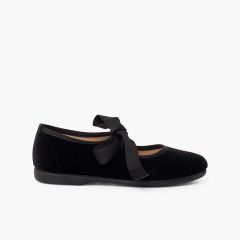 Scarpe cinturino in velluto con fiocco di faglia per bambine  Nero
