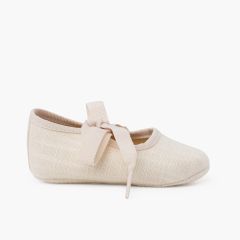 Ballerine con cinturino neonata in lino con fiocco faglia Beige