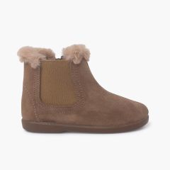 Stivaletti Chelsea da bambina con colletto in pelliccia Taupe